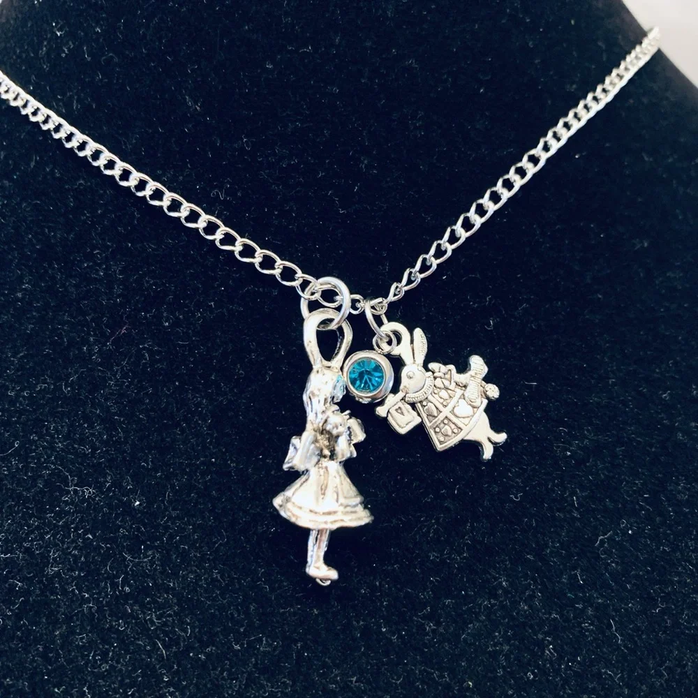 Alice in Wonderland necklace with rhinestone charm